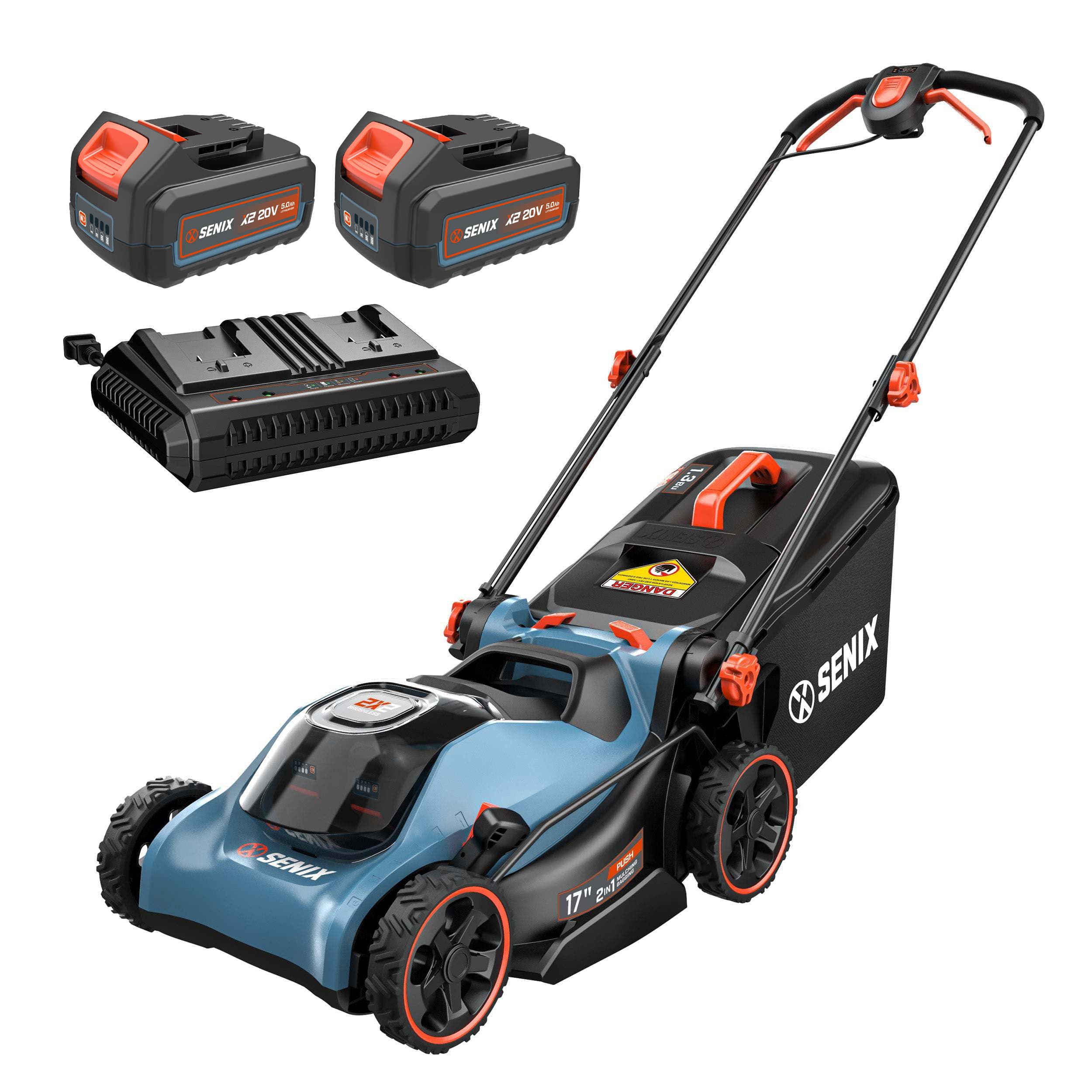 SENIX - 2X2 40V Max* 17" Cordless Lawn Mower 2-in-1 Mulching & Bagging, Brushless (2 5.0 Ah Batteries & Charger Included) - Blue