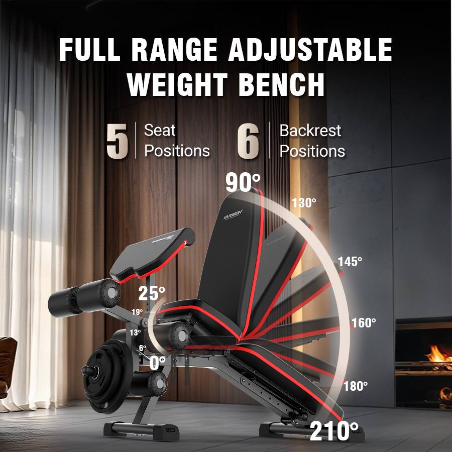 FULL RANGE ADJUSTABLE WEIGHT BENCH

5 Seat Positions

6 Backrest Positions

90° 130° 145° 160° 180° 210°

25° 19° 13° 6° 0°