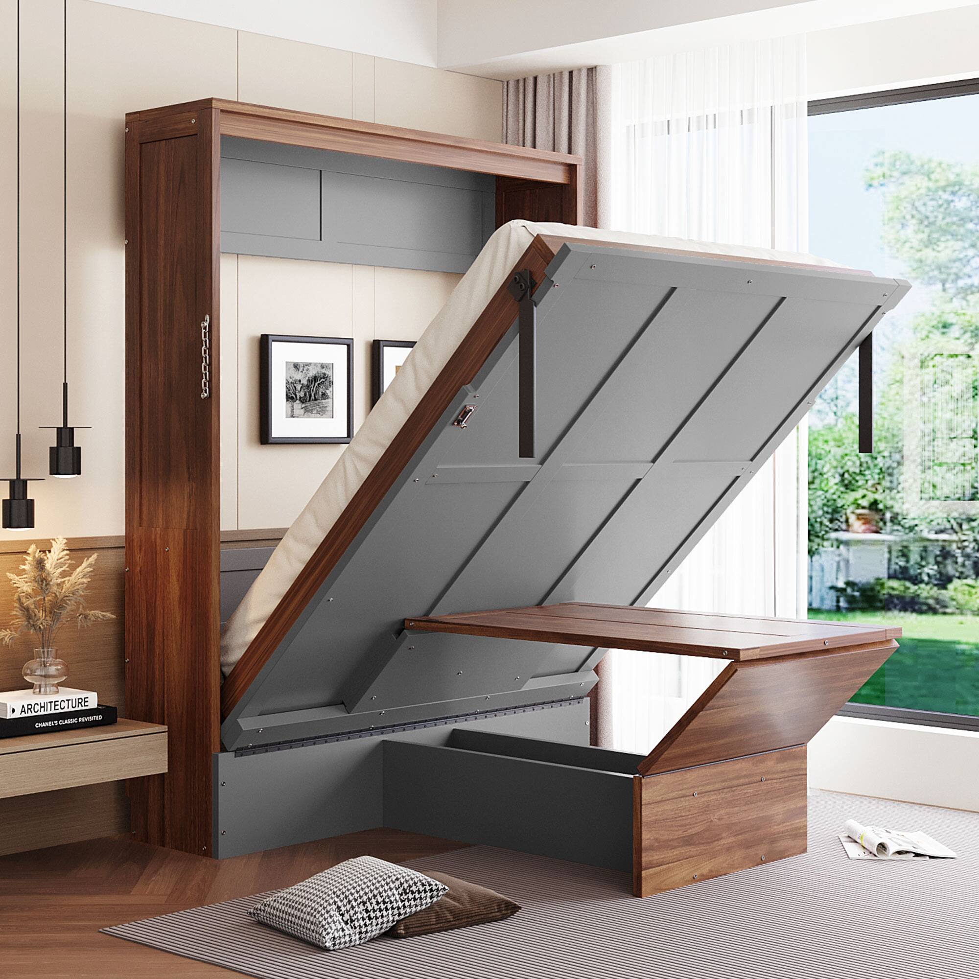 Front. Anysun - Full Size Murphy Bed with Foldable Desk – Space Saving Wall Bed - Brown.