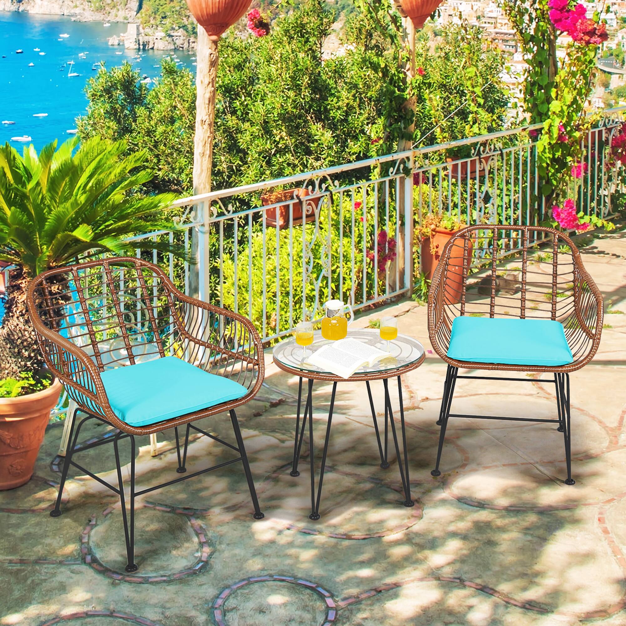 Alt View 3. Gymax - Gymax 3PCS Rattan Patio Conversation Set Bistro Chat Set w/ Turquoise Cushions - Turquoise.