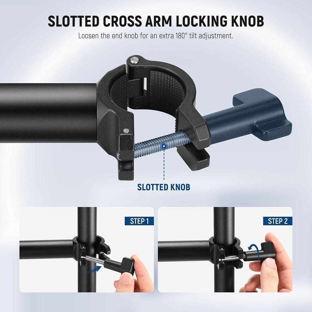 SLOTTED CROSS ARM LOCKING KNOB  
Loosen the end knob for an extra 180° tilt adjustment.  

SLOTTED KNOB  

STEP 1  
STEP 2