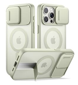 SURITCH - Rugged Case for iPhone 15 Pro Max, Compatible with MagSafe, Built-in Kickstand & Camera Cover & Translucent Back - Khaki Green