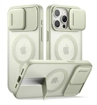 Front. SURITCH - Rugged Case for iPhone 15 Pro Max, Compatible with MagSafe, Built-in Kickstand & Camera Cover & Translucent Back - Khaki Green.