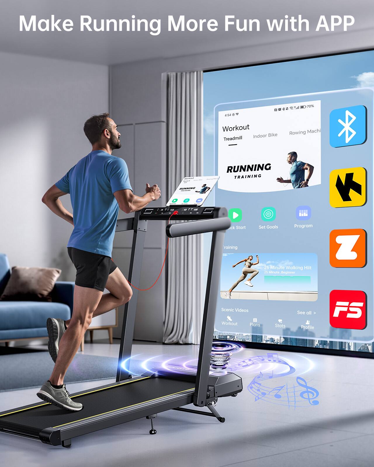 Make Running More Fun with APP

70% Workout Indoor Bike Treadmill Rowing Machine

Running Training

- Click Start
- Set Goals
- Program

25 Minute Walking Hiit
25 Minute Beginner

Scenic Videos

Workout Plans Stats

See all Profile