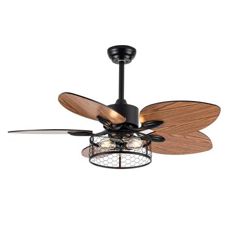 Alt View 4. LUCKY ONE - 42" Ceiling Fan with Light Remote 5 Blades 6-Speed DC Motor - Matt Black,Wood.