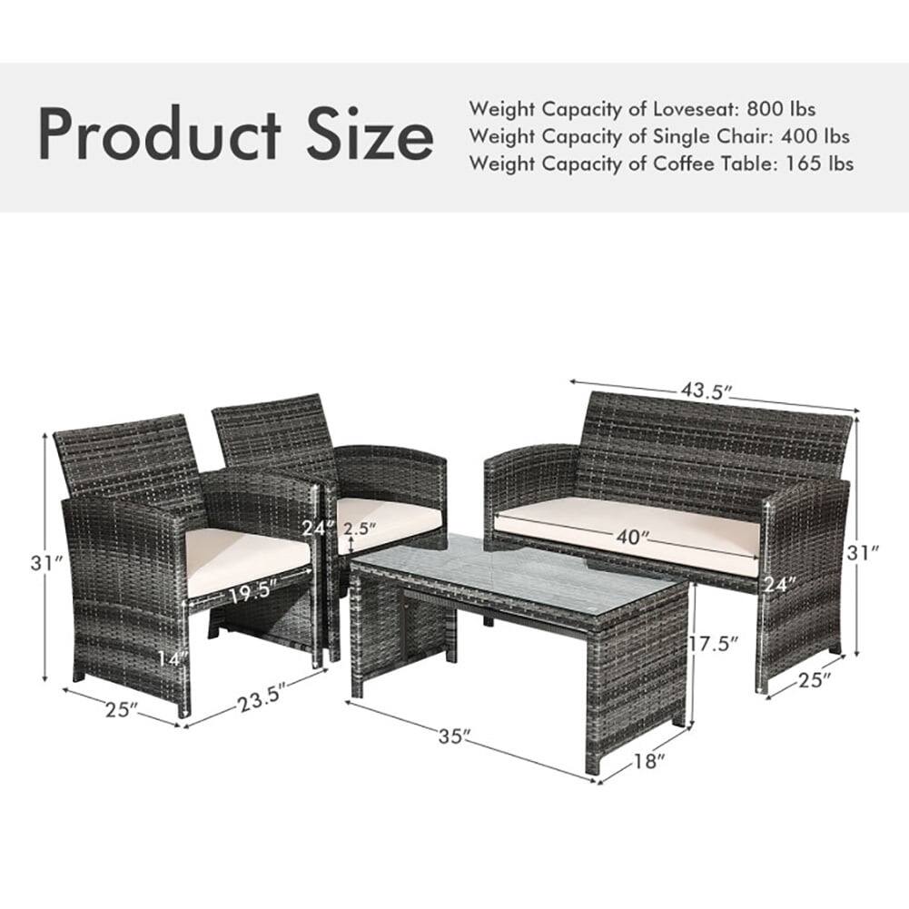 Product Size

Weight Capacity of Loveseat: 800 lbs  
Weight Capacity of Single Chair: 400 lbs  
Weight Capacity of Coffee Table: 165 lbs  

- Loveseat: 43.5" W x 31" H x 25" D  
- Single Chair: 40" W x 31" H x 25" D  
- Coffee Table: 35" W x 18" D x 17.5" H  

Dimensions:  
- Loveseat: 19.5" W x 24" D x 2.5" H  
- Single Chair: 19.5" W x 24" D x 2.5" H