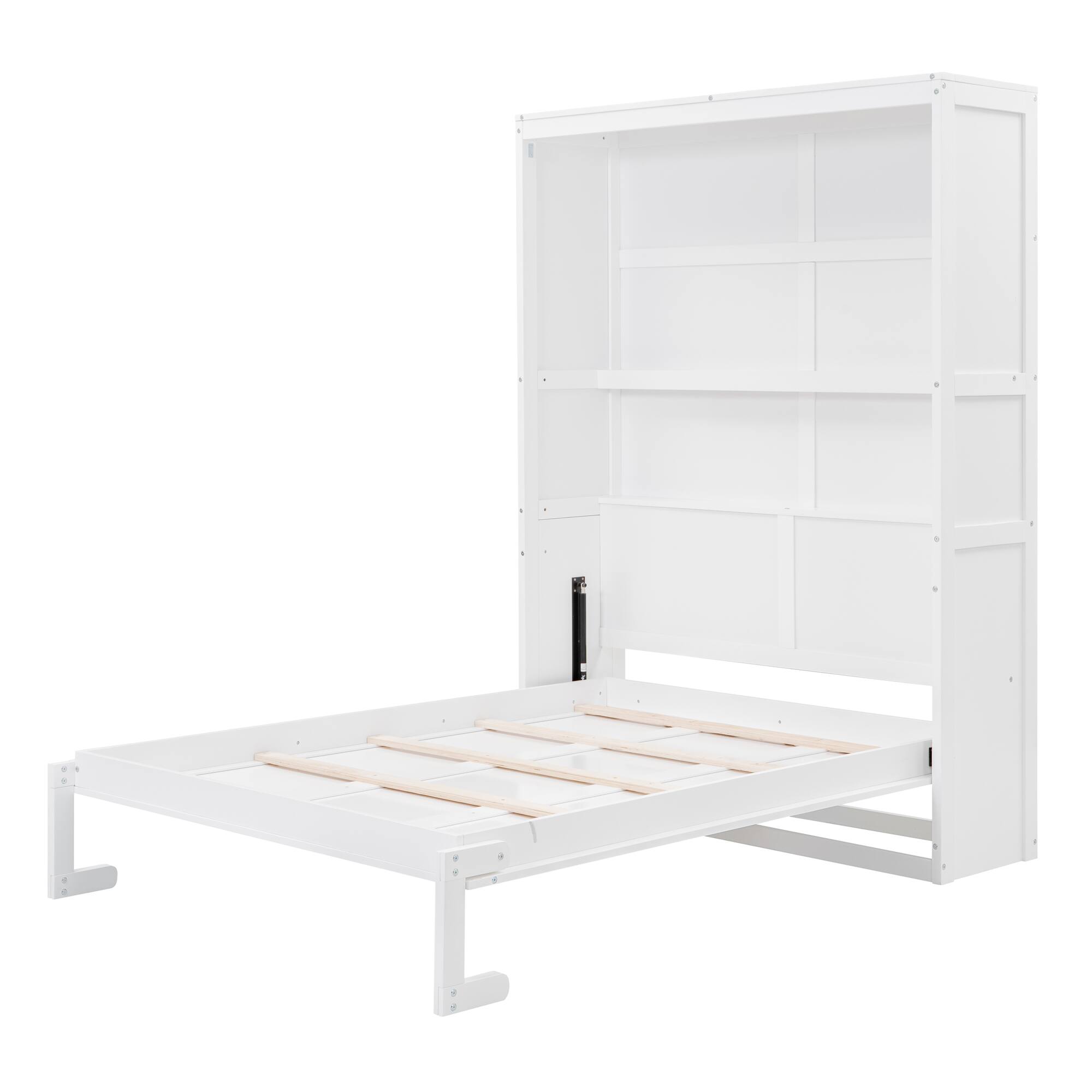 Back. Tiramisubest - Full Size White Solid Wood+MDF Murphy Bed with Shelves, 85x61x84 inches, Space-Saving - White.
