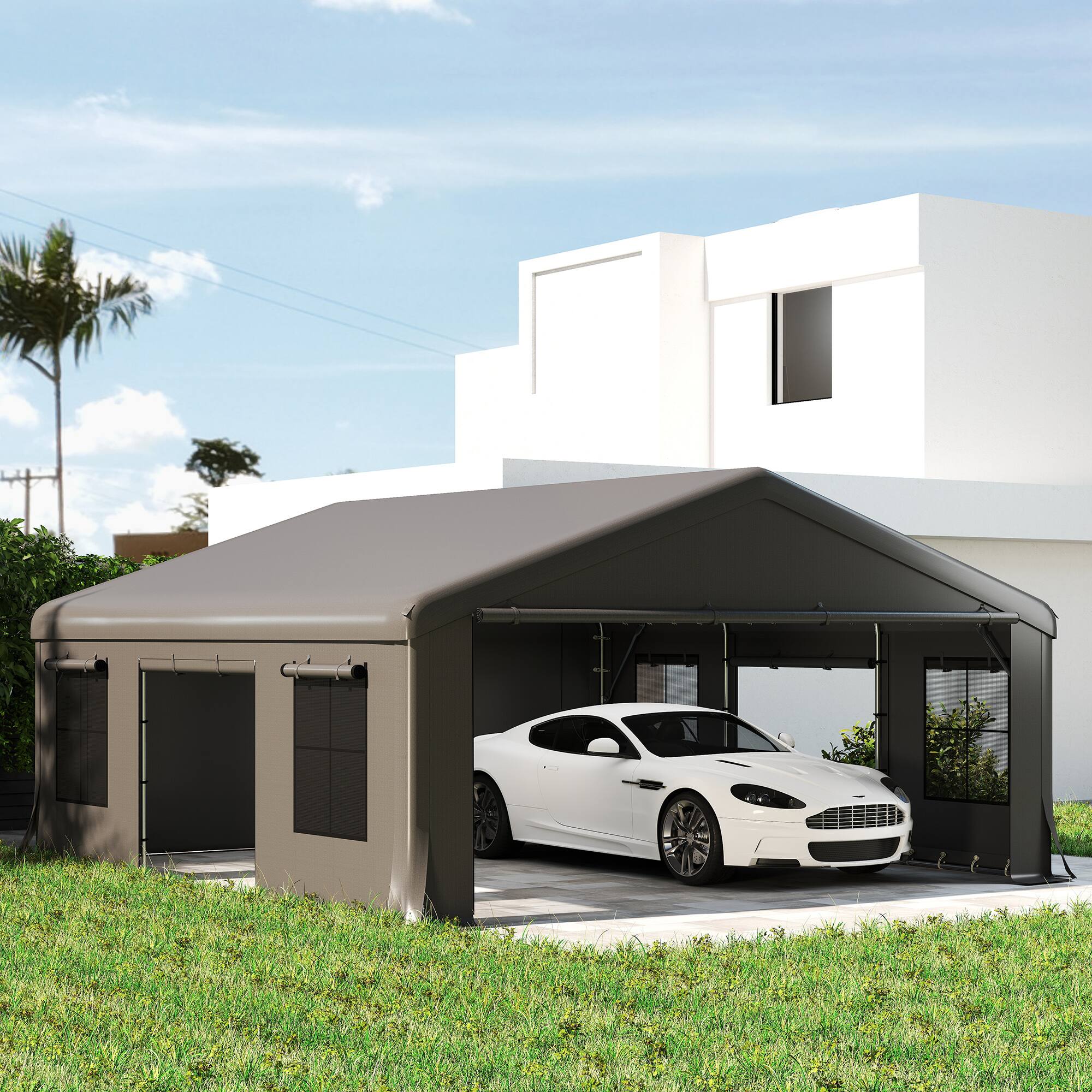 Alt View 8. Outsunny - 20' x 20' Heavy Duty Carport, Portable Garage Car Canopy Tent with Reinforced Galvanized Frame, 3 Roll-up Doors.