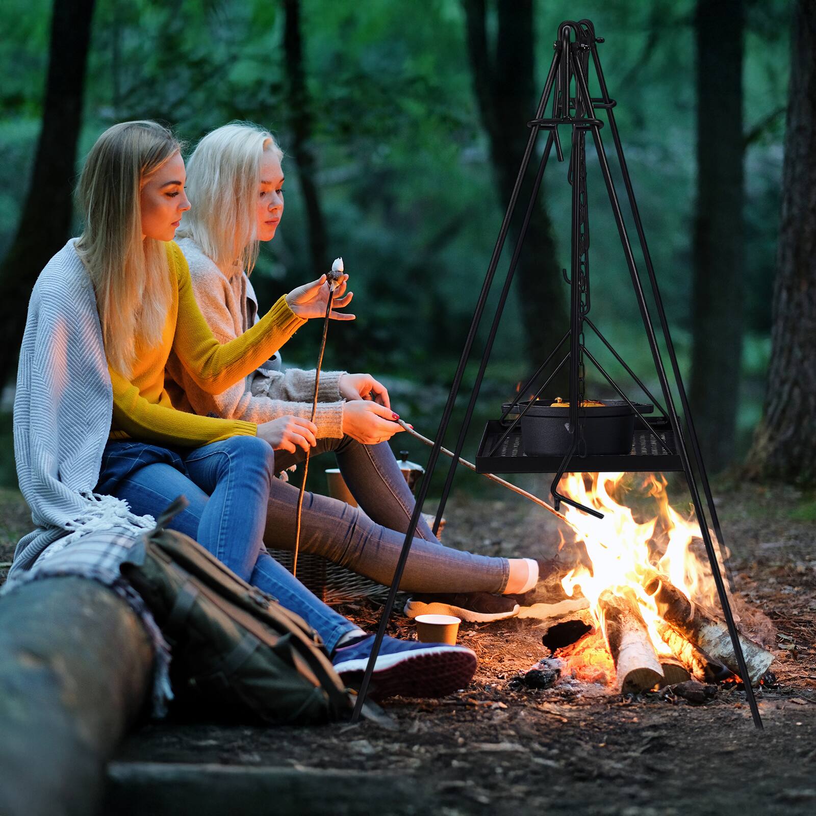 Alt View 10. Winado - Portable Grill Swing Campfire Grill Stand with Iron Grill Grate, Hooks, Carry Bag for Outdoor Camping BBQ Picnic Party - Black.