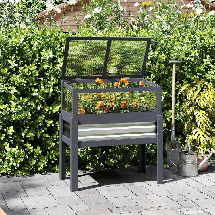 Alt View 9. PULUZ - Raised Garden Bed with Flip-Up Mini Greenhouse, Elevated Planter Box with Legs and Bed Liner for Flowers - Gray.