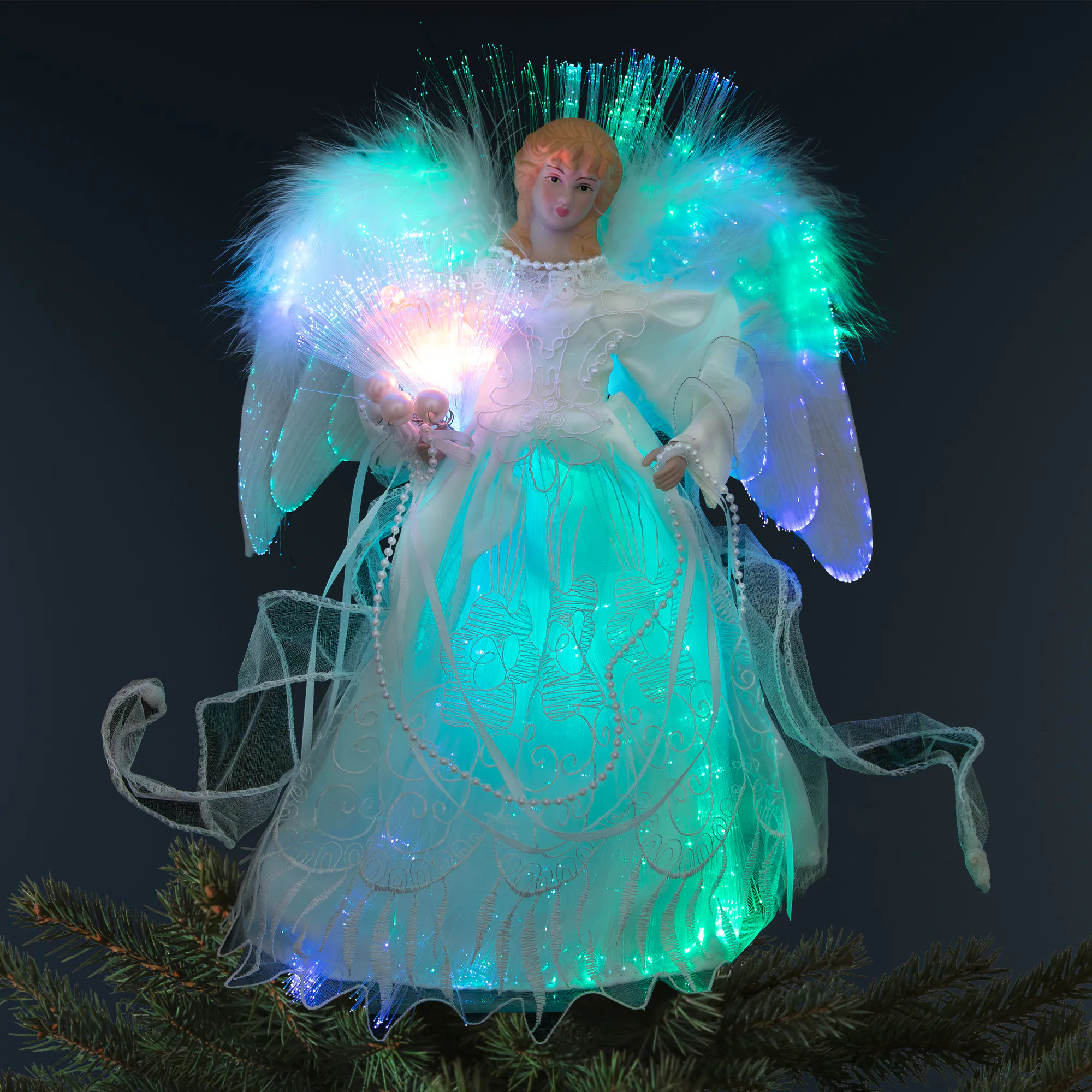 Northlight - Fiber Optic Color-Changing Angel with Dove Christmas Tree Topper - 12" - White