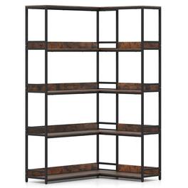 Pefilos - 5-Tier L-Shaped Corner Bookshelf - Metal Frame Raised Edges, Etagere Organizer, Rustic - Brown