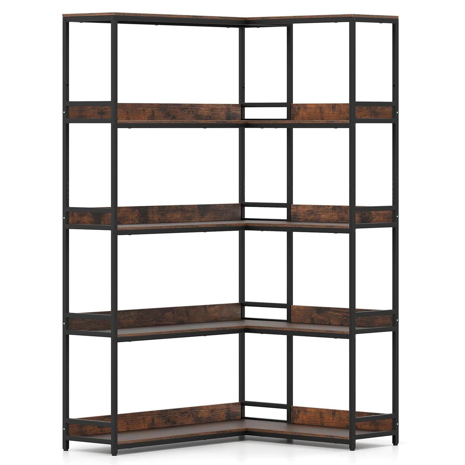 Pefilos - 5-Tier L-Shaped Corner Bookshelf - Metal Frame Raised Edges, Etagere Organizer, Rustic - Brown