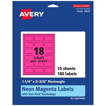 Go to avery.com/templates
AVERY
Use Avery Template Presta® 94227
18 labels per sheet
10 sheets
180 labels
1-1/4" x 2-3/8" Rectangle
Neon Magenta Labels with Sure Feed Technology for Laser/Inkjet