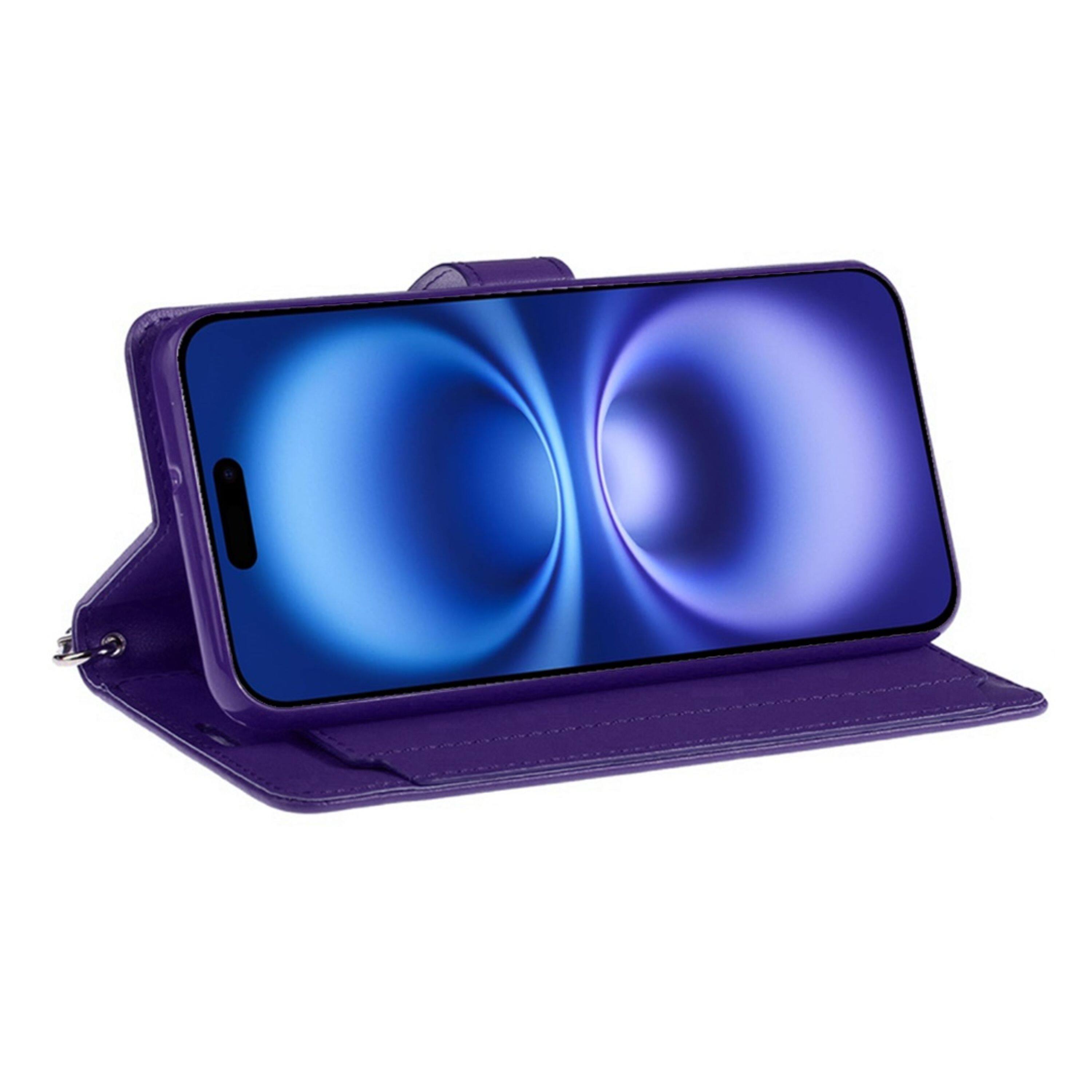 Angle. Kitcheniva - PU Leather Phone Wallet Case With Wrist Strap Tempered Glass For iPhone 17 Air Dark Purple - Dark Purple.