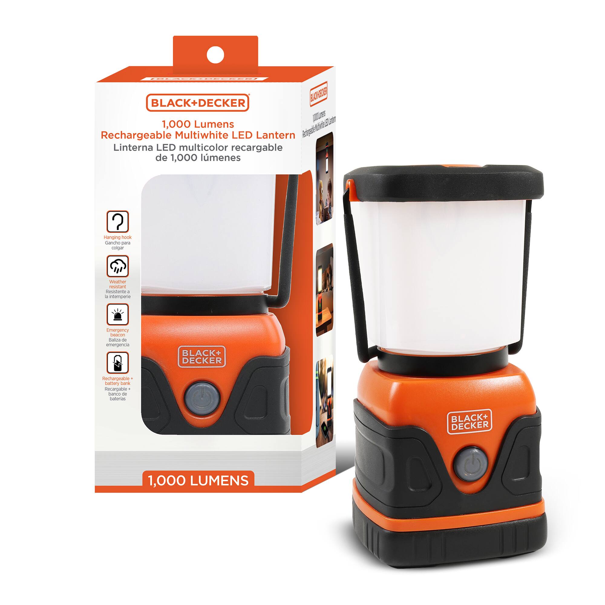 BLACK+DECKER 1,000 Lumens Rechargeable Multiwhite LED Lantern Linterna LED multicolor recargable de 1,000 lúmenes

- Hanging hook Gancho para colgar
- Weather resistant Resistante a la intemperie
- Emergency beacon Baliza de emergencia
- Rechargeable battery bank Recargable banco de baterías

1,000 LUMENS