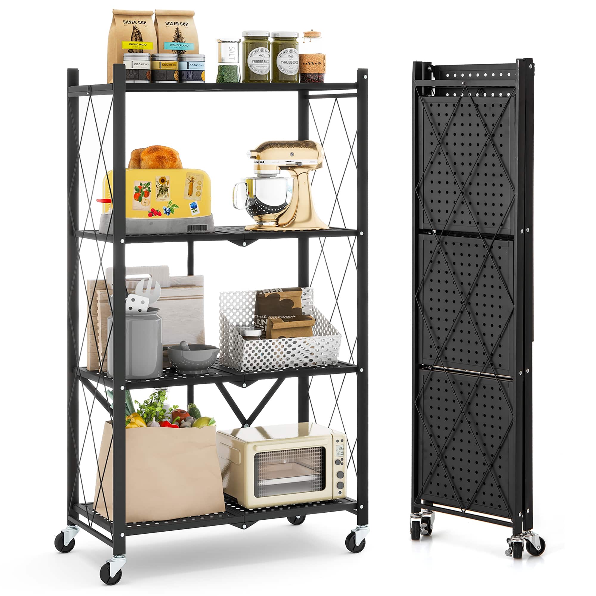 Gymax - 4-tier Foldable Storage Shelving Unit w/4 Universal Wheels for Kitchen Study - Black