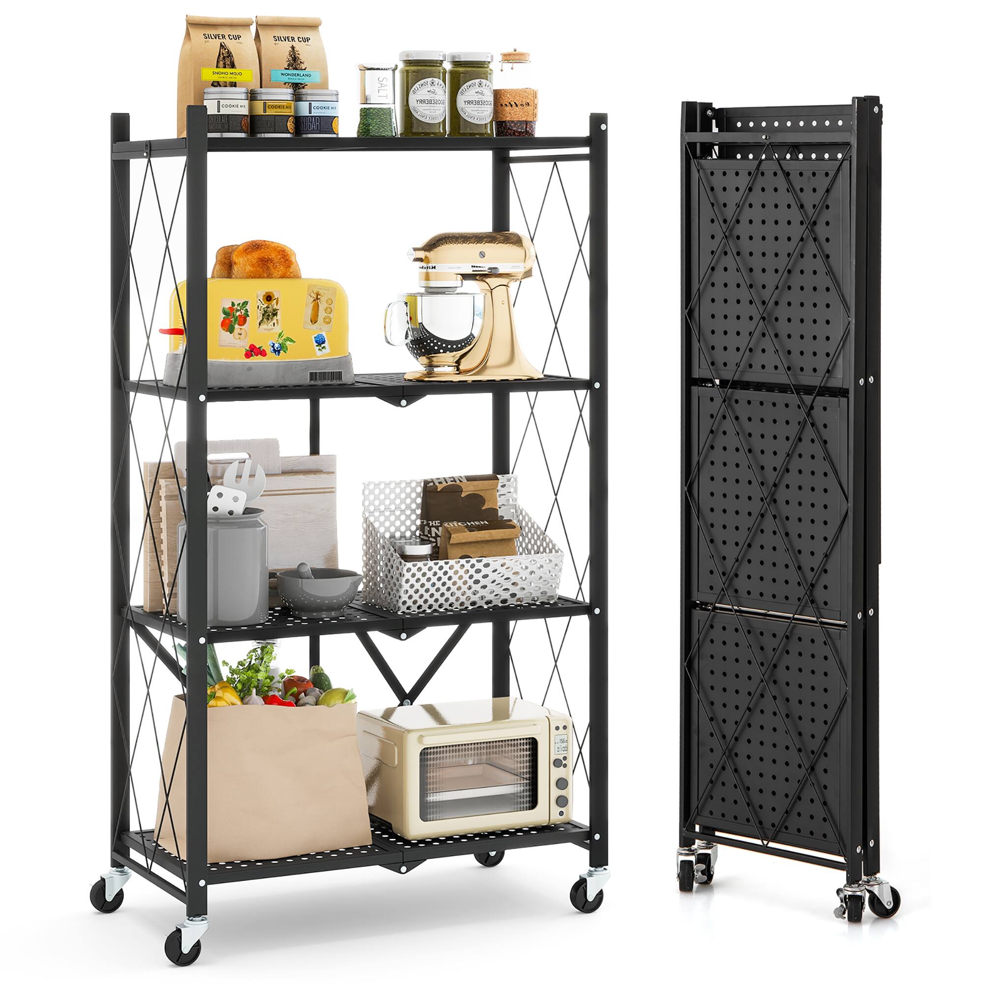 Gymax - 4-tier Foldable Storage Shelving Unit w/4 Universal Wheels for Kitchen Study - Black