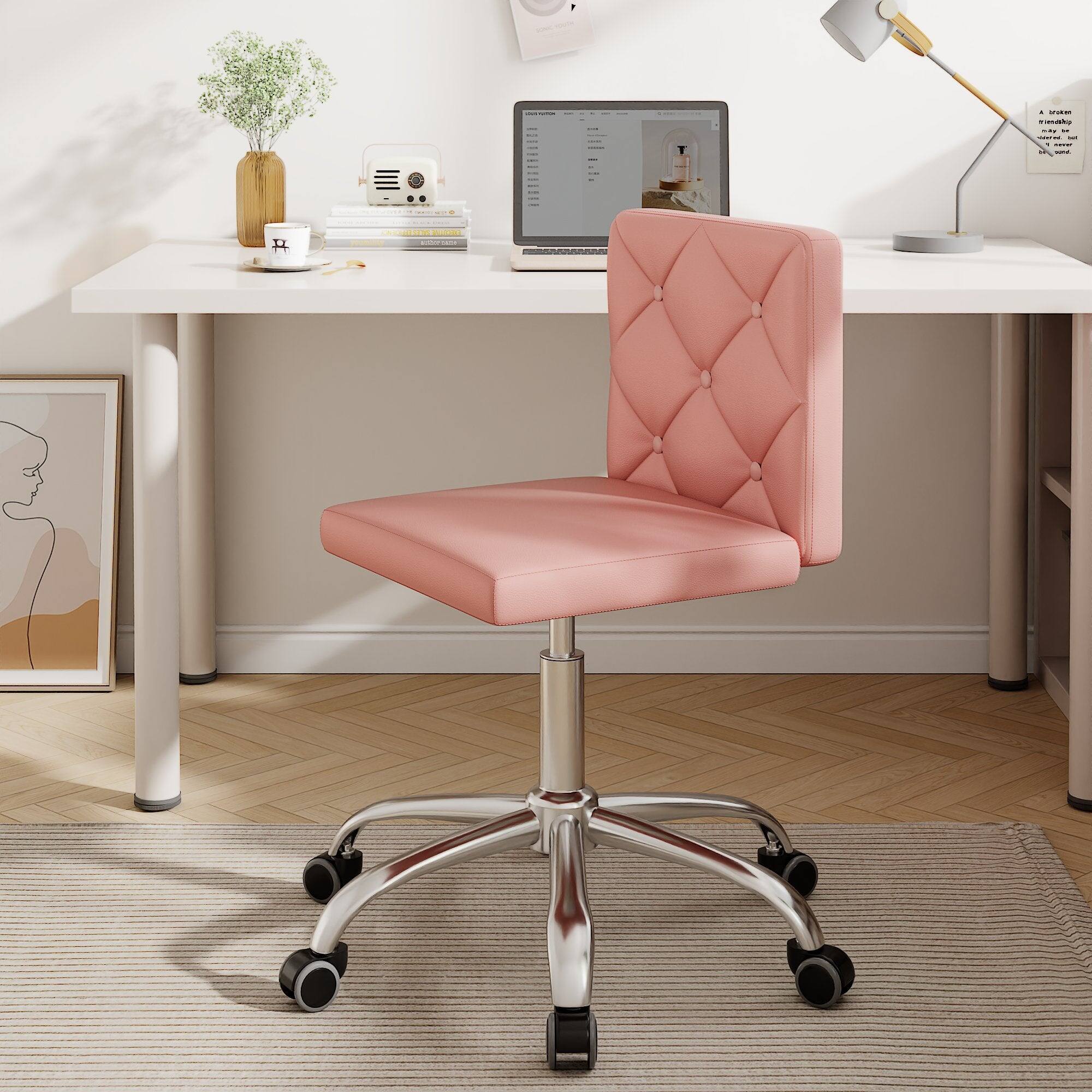 Left. Vecelo - Pink PU Leather Armless Office Chair - 28-32 Inch Adjustable Height Task Chair, Ergonomic Computer Chair with Wheels - Pink.