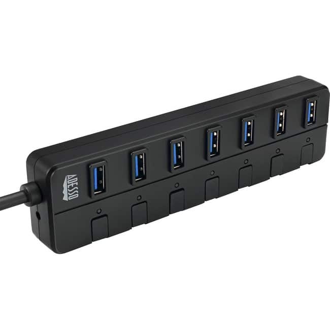 Adesso - 7-ports USB 3.0 Hub with 5V2A Power Adaptor - USB - External - 7 USB Port(s) - 7 USB 3.0 Port(s) - PC, Mac - Black,Gray