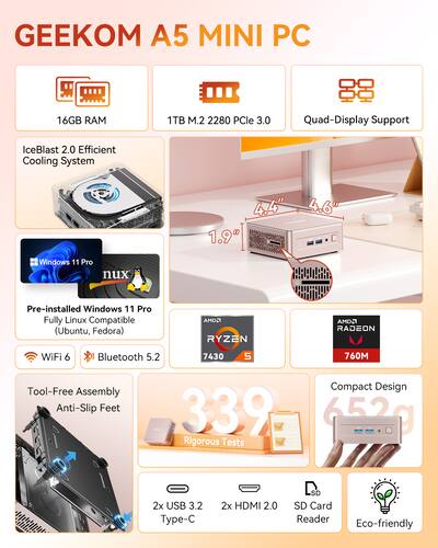 GEEKOM A5 Mini PC, AMD Ryzen 5 7430U, 16GB RAM& 1TB M.2 NVMe SSD GEEKOM A5 Mini PC, AMD Ryzen 5 7430U, 16GB RAM& 1TB M.2 NVMe SSD