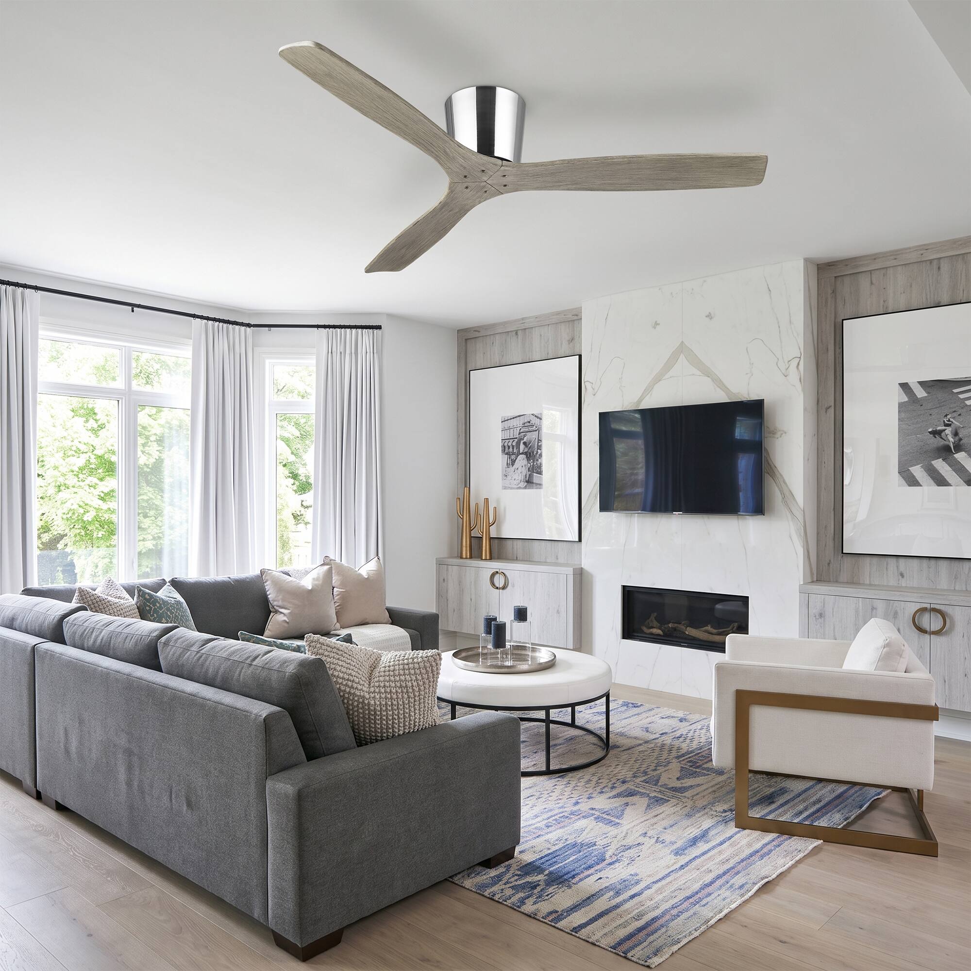 Angle. Parrot Uncle - 54" Modern Solid Wood Blades 6 Speed Flush Mount Low Profile Ceiling Fan with Remote, No Light - Chrome.