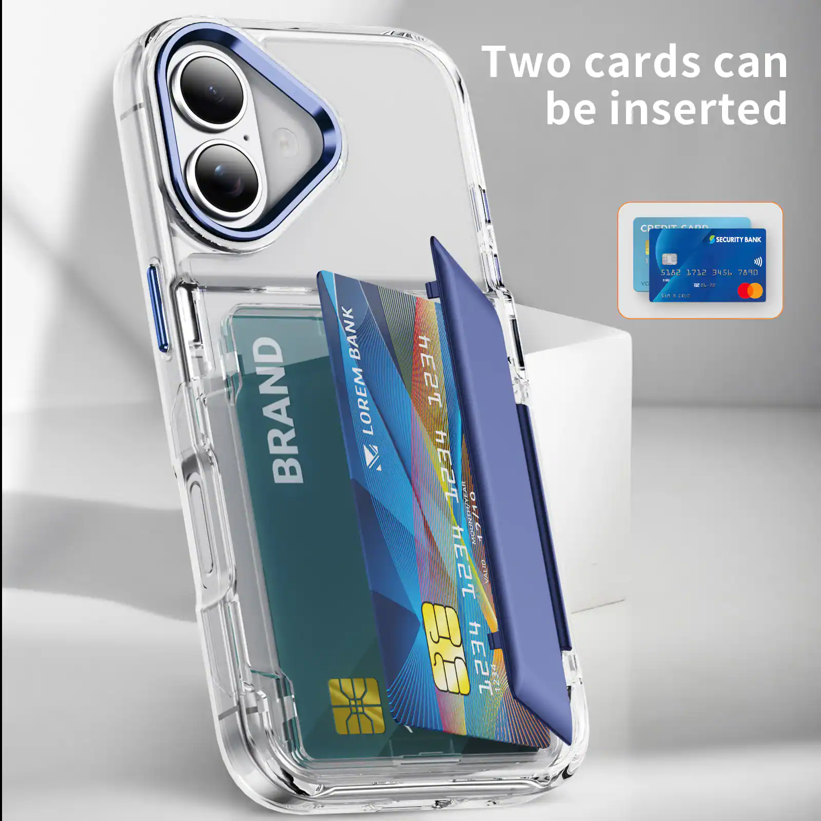 Two cards can be inserted

CPD 1dN SECURITY AAR BRAND BANK LOREM 1234 1234 UV O hEaThE2 1234 ATCALIPPT 477 MALM I hE2T 1239 TE ZUT5 1712 2456 TARO