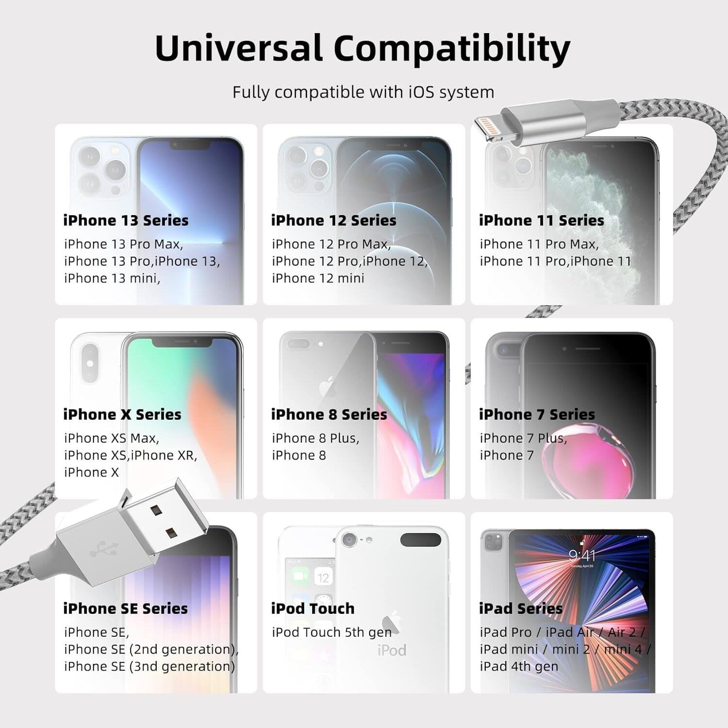 Universal Compatibility
Fully compatible with iOS system

iPhone 13 Series
iPhone 13 Pro Max, iPhone 13 Pro, iPhone 13, iPhone 13 mini,
iPhone 12 Series
iPhone 12 Pro Max, iPhone 12 Pro, iPhone 12, iPhone 12 mini
iPhone 11 Series
iPhone 11 Pro Max, iPhone 11 Pro, iPhone 11
iPhone X Series
iPhone XS Max, iPhone XS, iPhone XR, iPhone X
iPhone 8 Series
iPhone 8 Plus, iPhone 8
iPhone 7 Series
iPhone 7 Plus, iPhone 7
iPhone SE Series
iPhone SE, iPhone SE (2nd generation), iPhone SE (3rd generation)
iPod Touch
iPod Touch 5th gen
iPad Series
iPad Pro / iPad Air / iPad Air 2 / iPad mini / mini 2 / mini 4 / iPad 4th gen