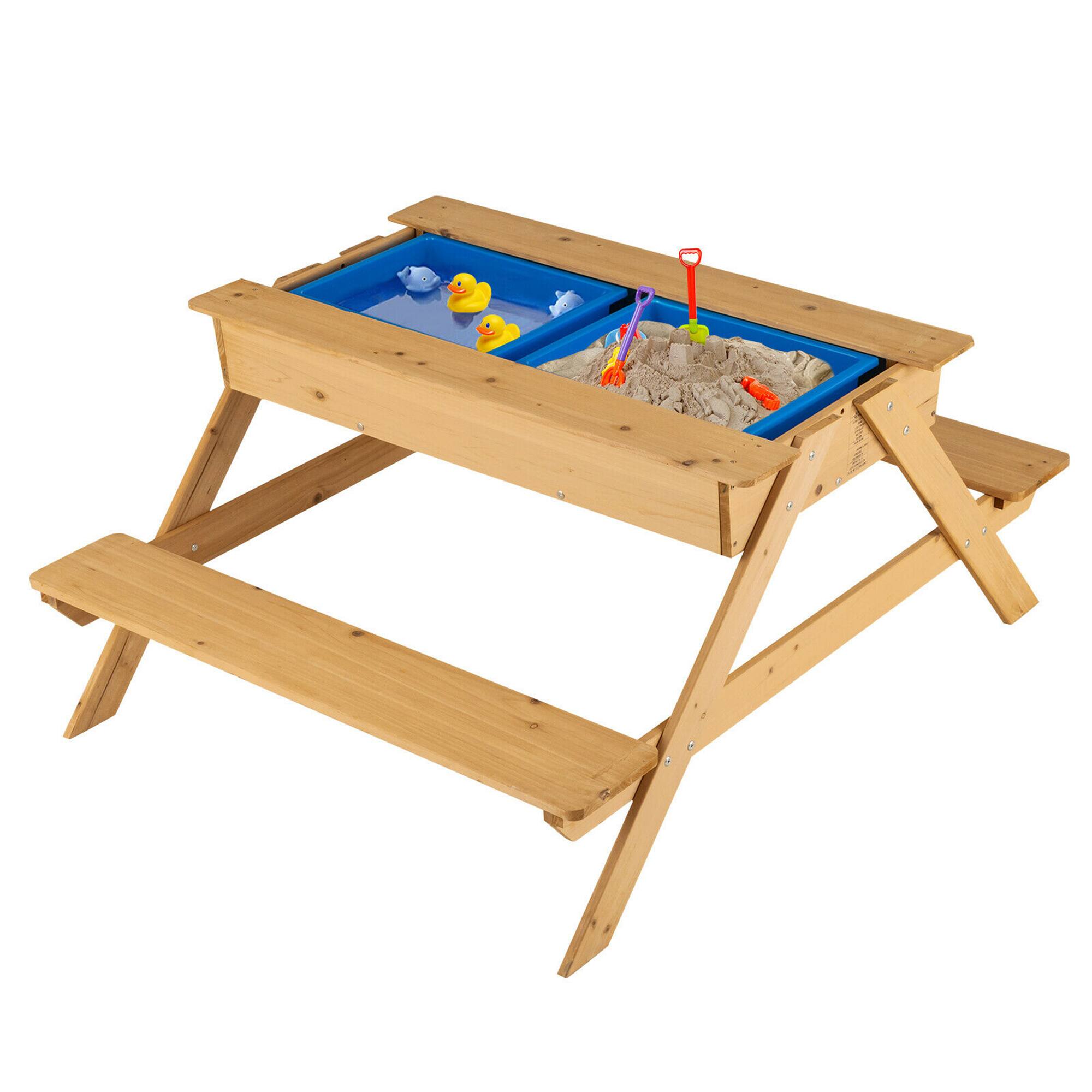 Gymax - 3 in 1 Kids Picnic Table Wooden Outdoor Water Sand Table w/ Play Boxes - Natural