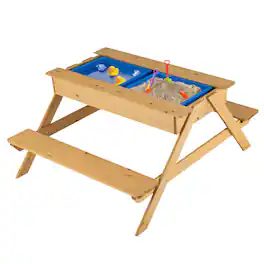 Gymax - 3 in 1 Kids Picnic Table Wooden Outdoor Water Sand Table w/ Play Boxes - Natural