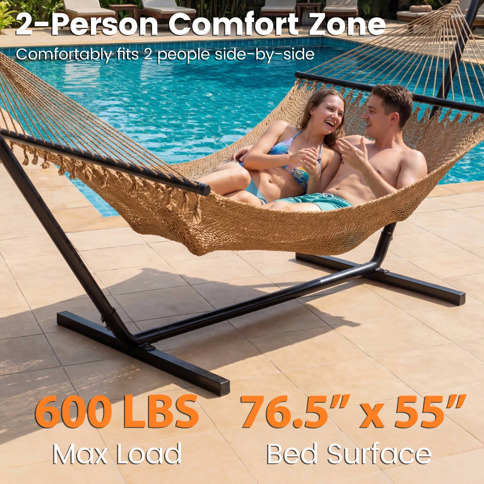 2-Person Comfort Zone  
Comfortably fits 2 people side-by-side  

600 LBS  
Max Load  

76.5" x 55"  
Bed Surface