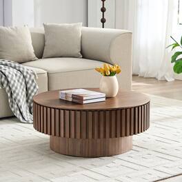 TinyHomie - 31 Inch Round Coffee Table With Storage Sturdy Pedestal Walnut For Apartment - Brown