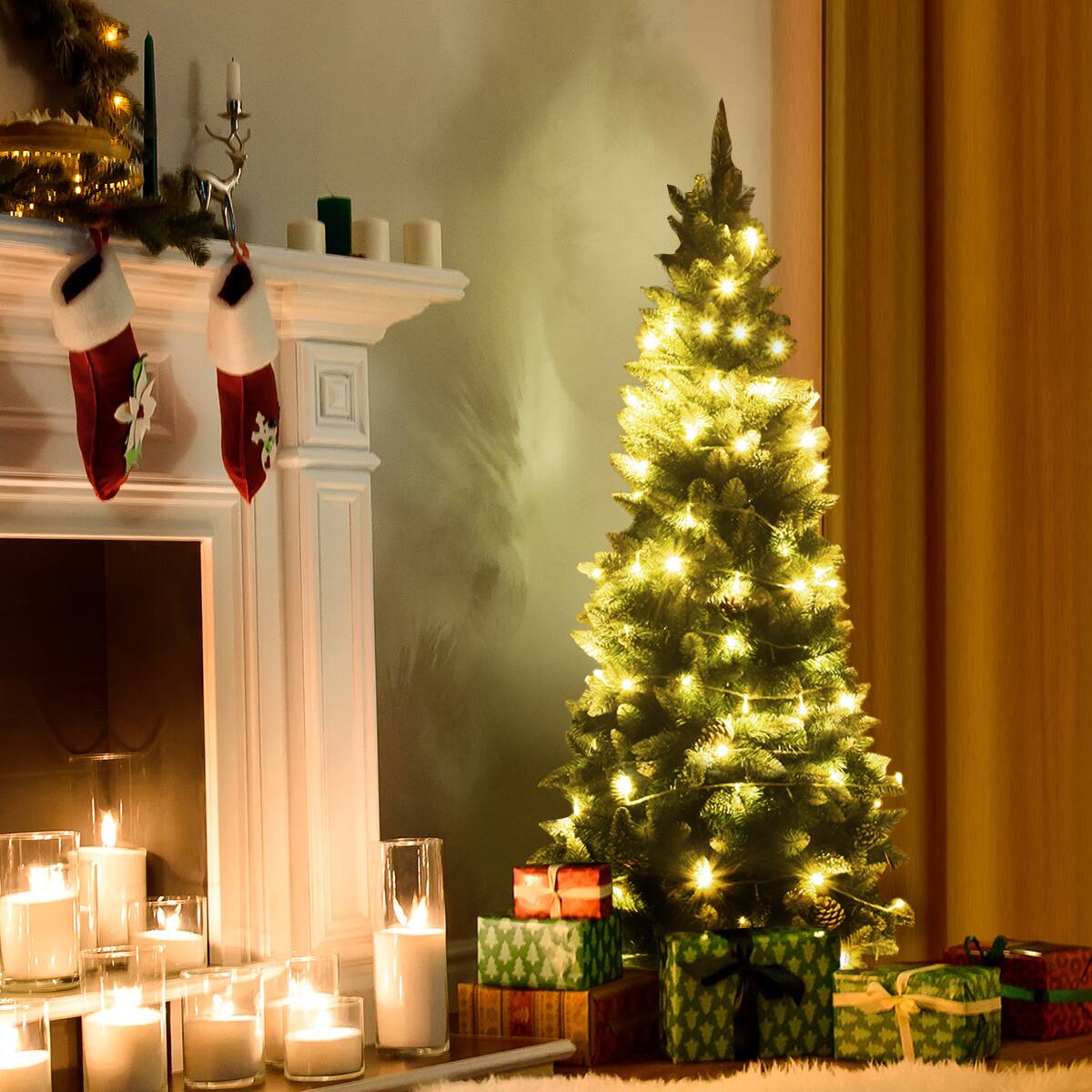 Alt View 1. Costway - Costway 5ft Snow Flocked Unlit Pencil Christmas Tree Hinged Pine Cones - Green.