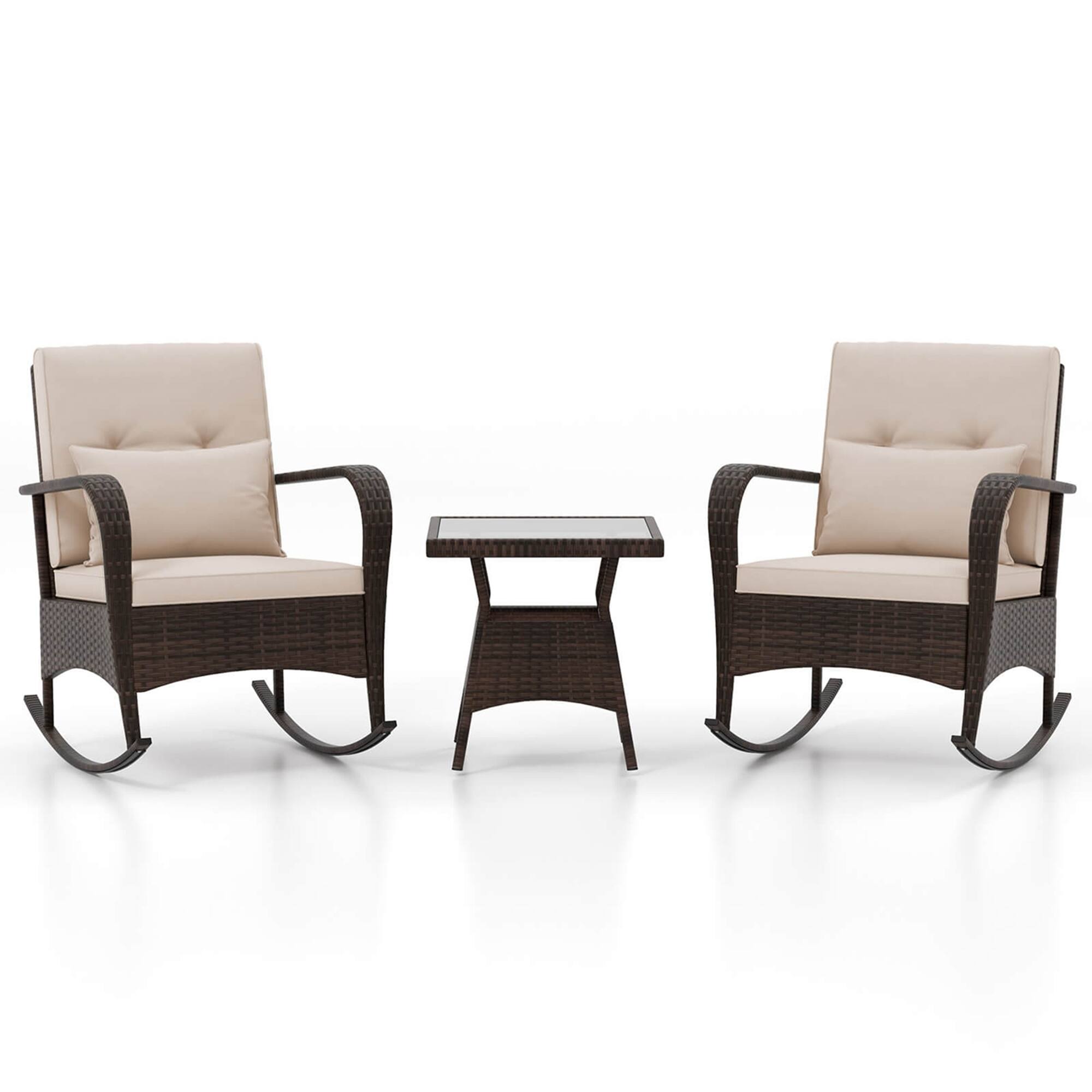 Alt View 9. Costway - Costway 3 PCS Rocking Bistro Set with Removable Cushions & Tempered Glass Top Table - Brown.