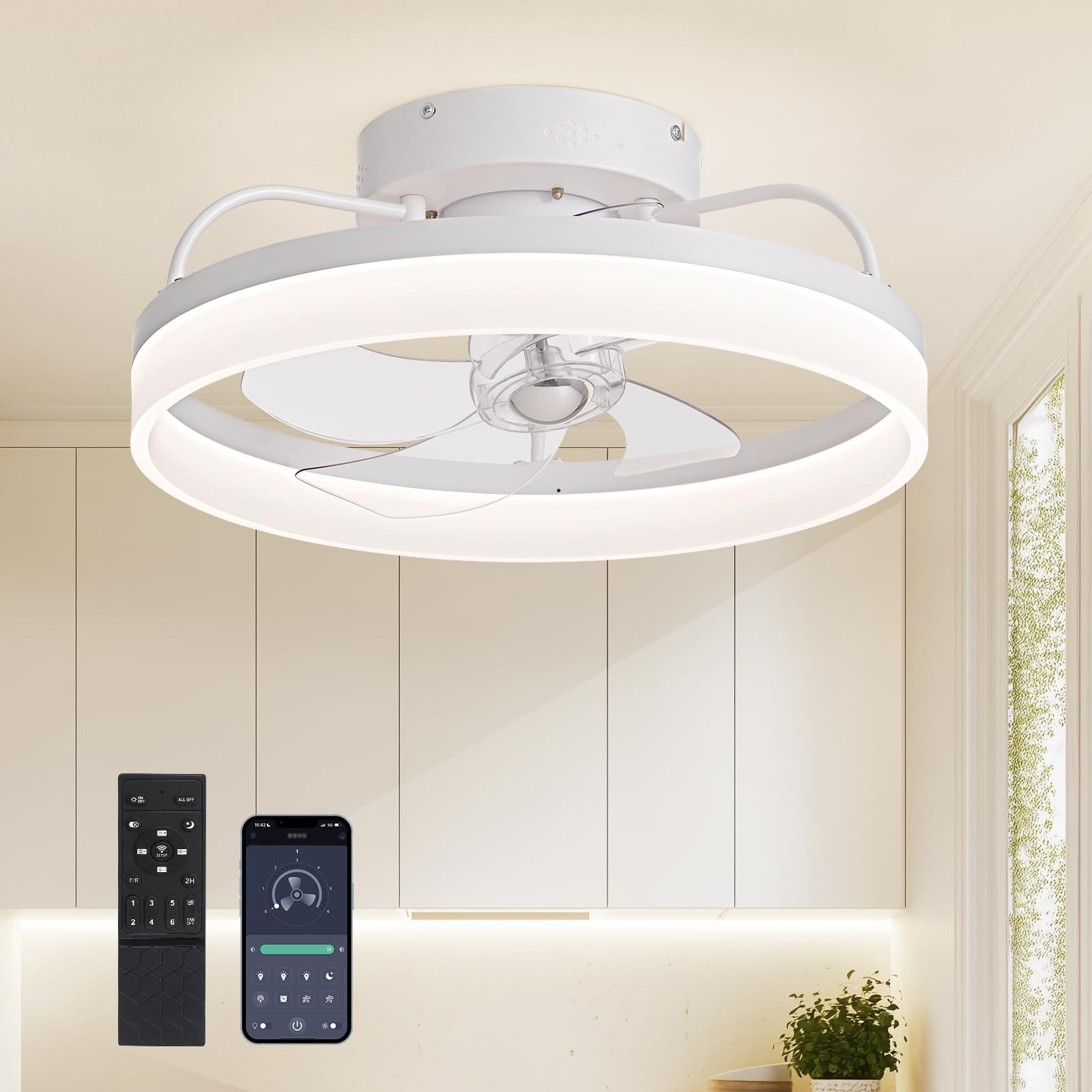 Siljoy - 20" Ceiling Fan with Light: 360° Rotate for Bedroom/Dining Room - White