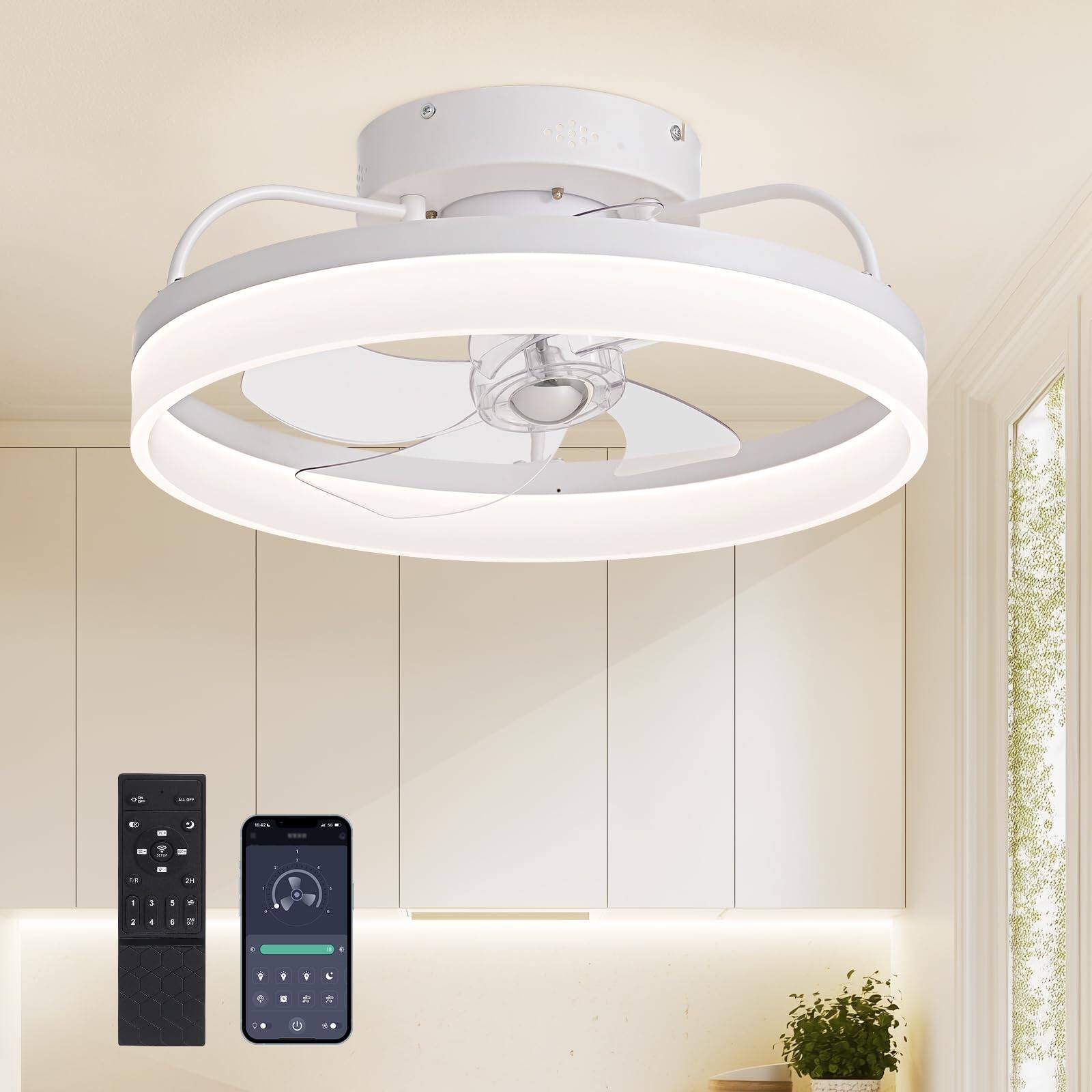 Front. Siljoy - 20" White Ceiling Fan with Light: 360° Rotate for Bedroom/Dining Room - White.