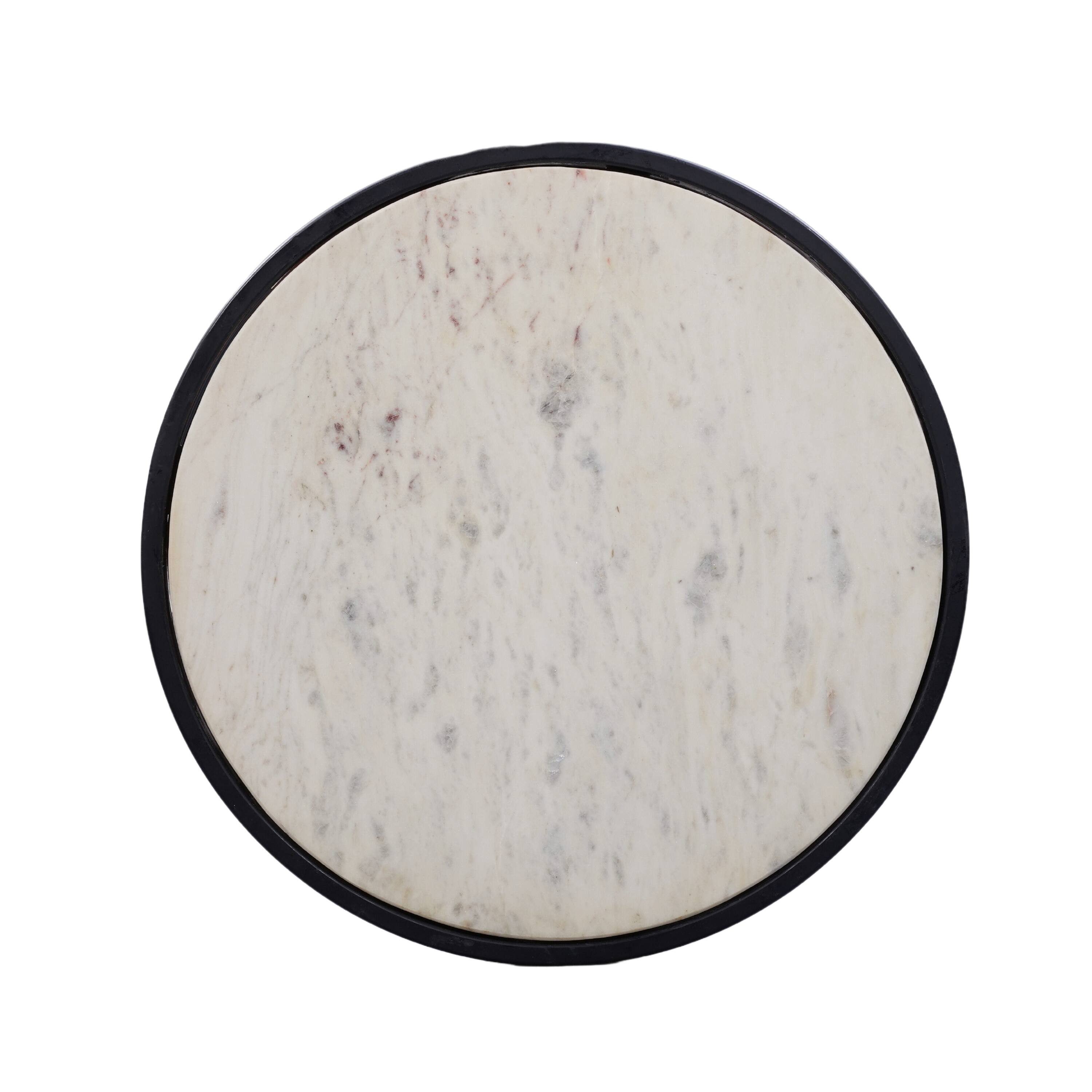 Alt View 1. Manhattan Lane - Beri 18 Inch Side End Table, Round White Natural Marble Top, Classic Slim Black Iron Frame - Black, White.