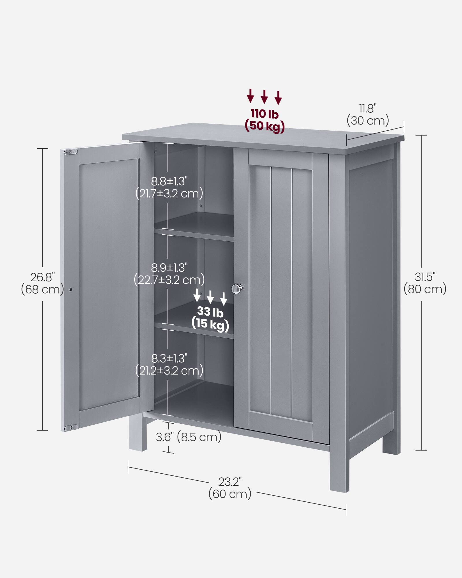 110 lb (50 kg)  
11.8" (30 cm)  
8.8" x 1.3" (21.7 x 3.2 cm)  
26.8" (68 cm)  
8.9" x 1.3" (22.7 x 3.2 cm)  
33 lb (15 kg)  
31.5" (80 cm)  
8.3" x 1.3" (21.2 x 3.2 cm)  
3.6" (8.5 cm)  
23.2" (60 cm)