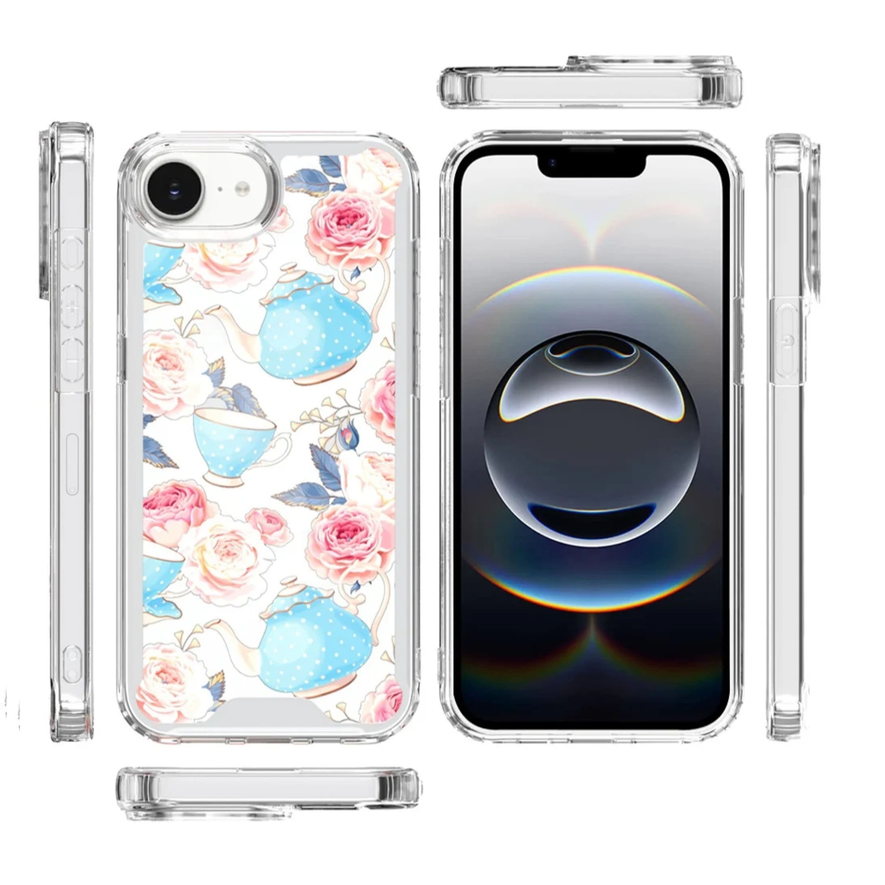 Kitcheniva - Cute Print Design Clear TPU Phone Case With Tempered Glass For iPhone 16e 17e Pink Roses - White