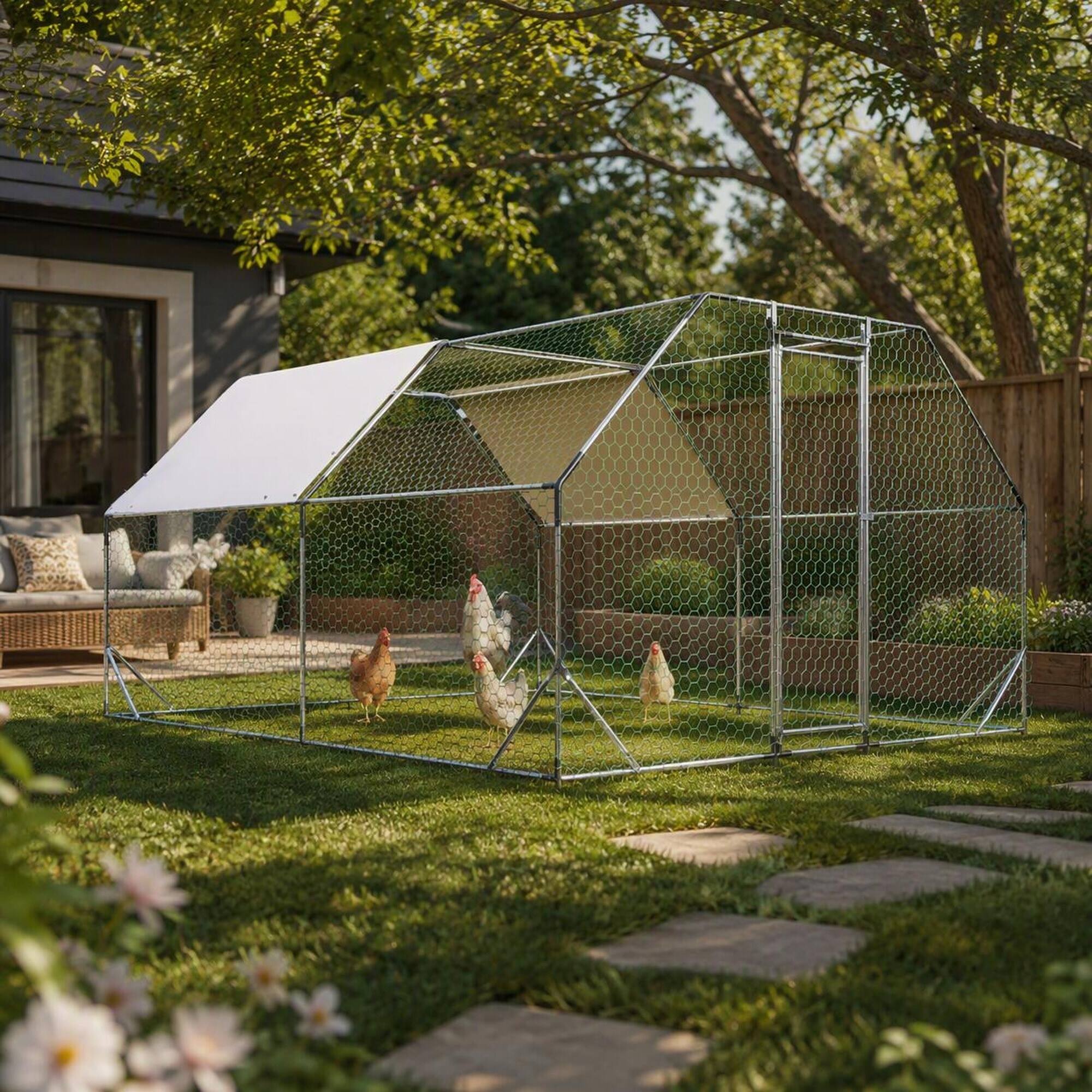Left. RYHNUYNE - 10x13 Ft Galvanized Metal Walk-In Chicken Coop, Weatherproof Poultry Run with Water-Resistant Tarp.