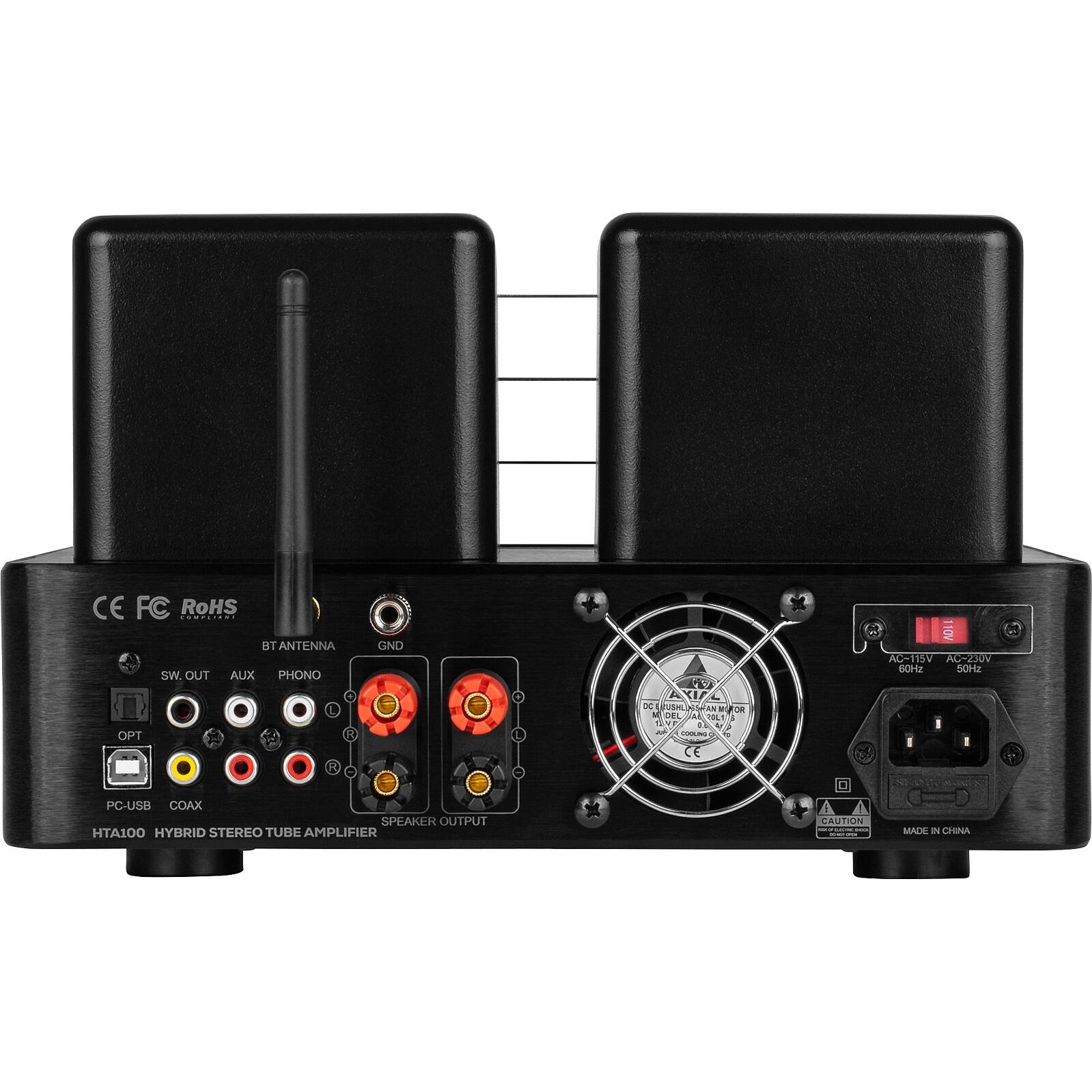 CE FC RoHS COMPLIANT  
BT ANTENNA  
SW. OUT AUX PHONO OPT  
GND  
NOS IX DC E OR A DEL 20L1 : 0.  
COOKING  
110V AC-115V AC-230V 60Hz 50Hz  
ESTATIONATIONS!  
PC-USB COAX SPEAKER OUTPUT HTA100 HYBRID STEREO TUBE AMPLIFIER  
CAUTION  
MADE IN CHINA