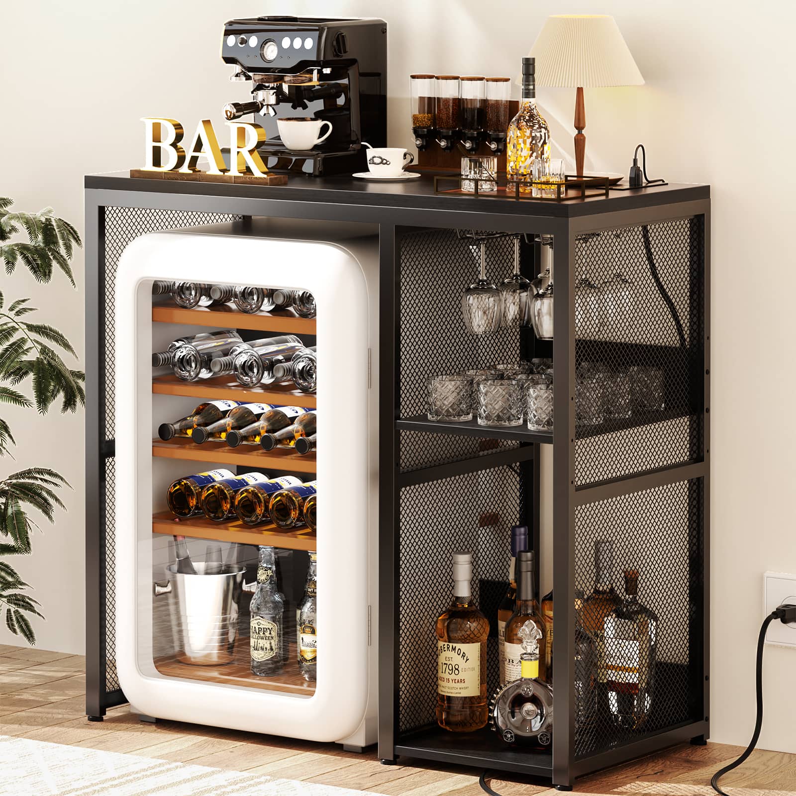 Aheaplus - Small Bar Cabinet with Mini Fridge Space, Coffee Bar Microwave Stand with Power Outlet & Glass Holder for Kitchen - Black