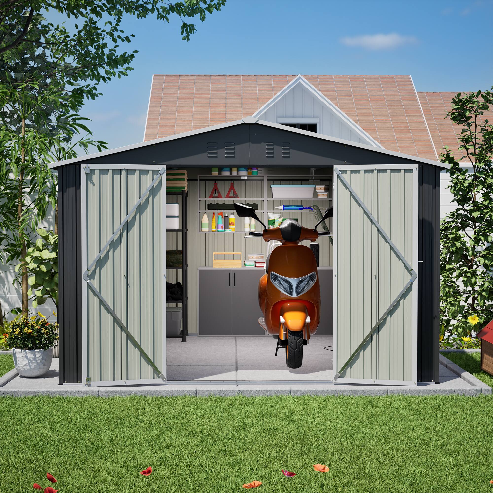 Alt View 5. Loheer - Loheer 10x10 Metal Storage Shed Heavy Duty Black Outdoor Garden Shed Lockable Double Doors.