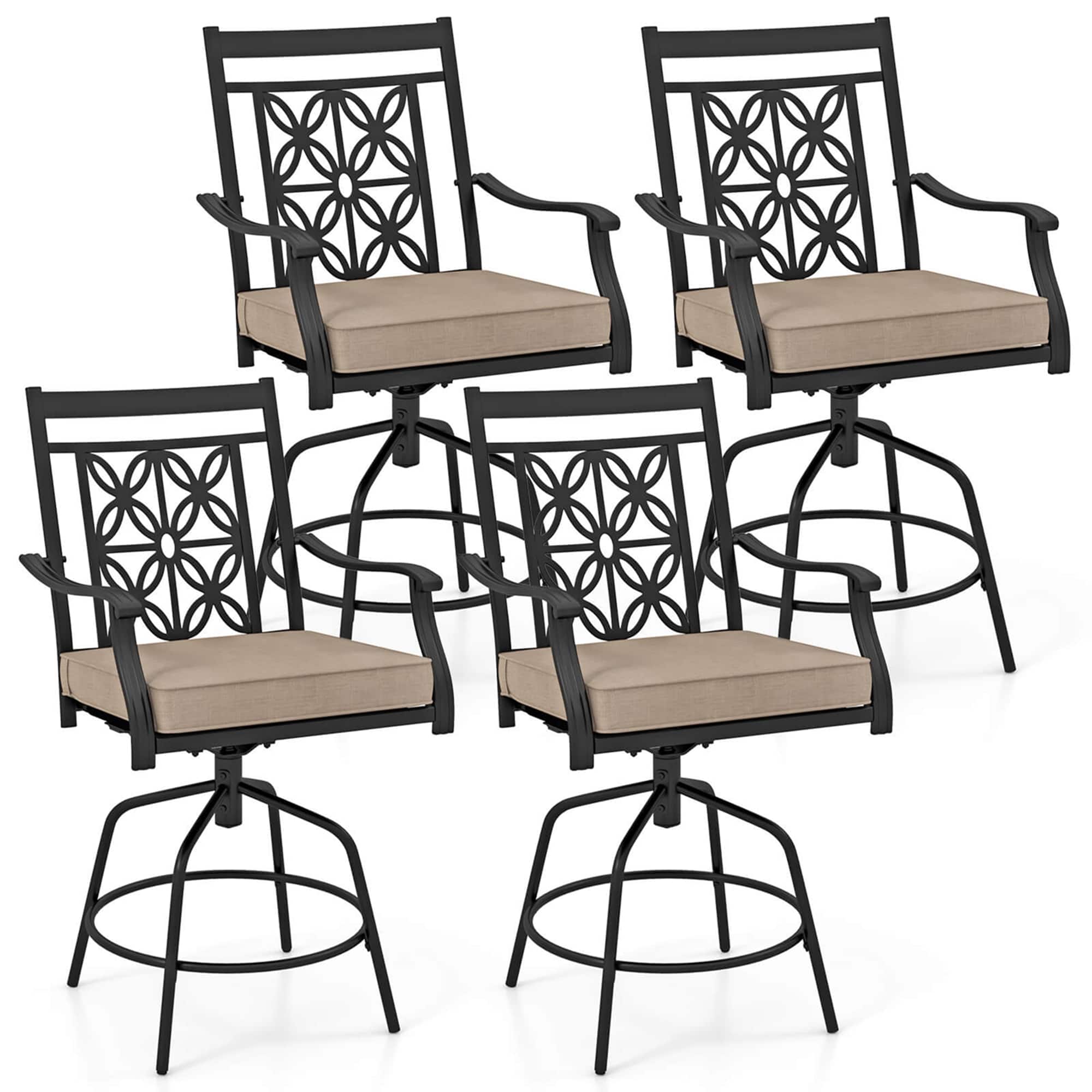 Costway - Outdoor 360°Swivel Bar Stools Set of 4 with Seat Cushions High Back & Armrests - Brown,Black