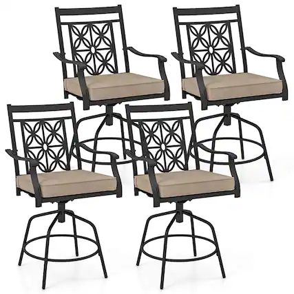 Front. Costway - Costway Outdoor 360°Swivel Bar Stools Set of 4 with Seat Cushions High Back & Armrests - Brown,Black.