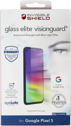 INVISIBLE SHIELD
glass elite visionguard+
Advanced Strength with Blue Light Filter
OUR STRONGEST GLASS SCREEN PROTECTION EVER
Protects from Digital Eye Strain with Enhanced Blue Light Filter
eyesafe Technology
Case-friendly Coverage
5G Compatible
made for Google Pixel
#1 TRUSTED
for: Google Pixel 5