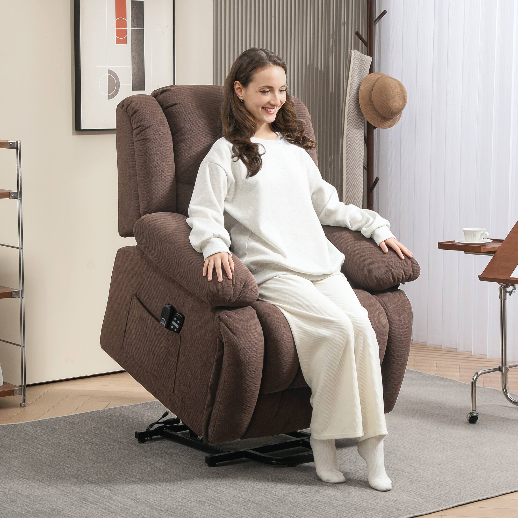 Alt View 1. Homcom - Heated Lift Recliner: Massage+Heat Overstuffed Fabric w/USB Port & Remote, Pocket Spring - Brown.