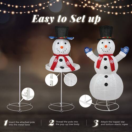 Easy to Set up

1. Insert the attached pole into the metal base.
2. Thread the pole into the pop-up tree body.
3. Attach the topper star and bottom elastic ropes.