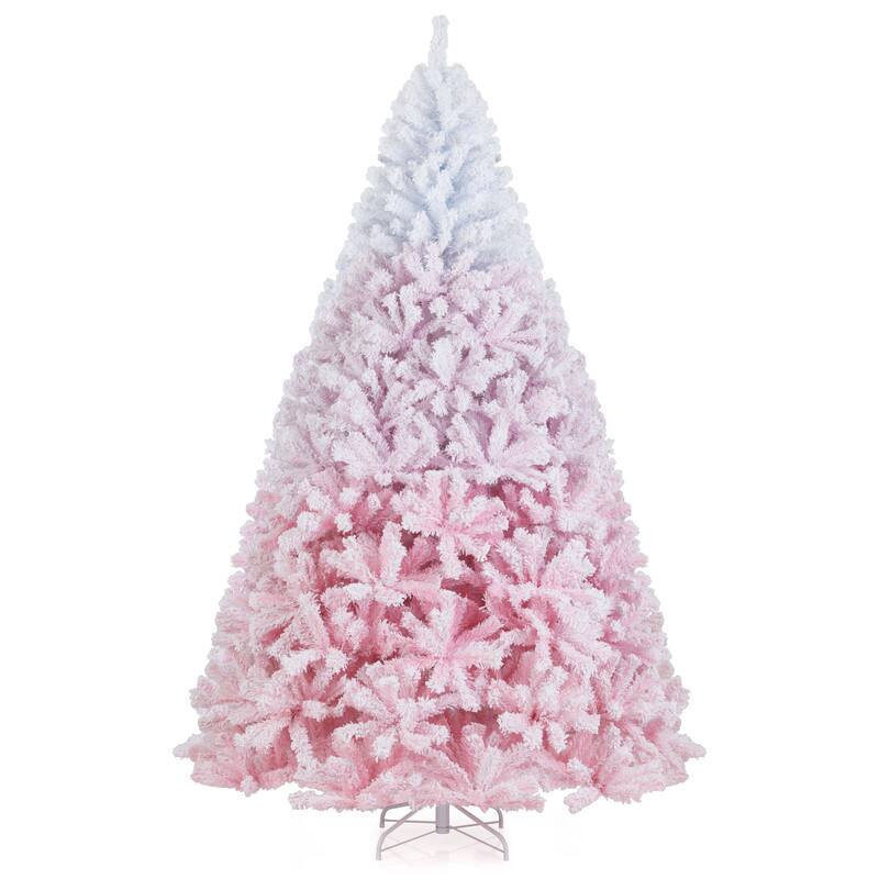 WELLFOR - 8 ft Artificial Christmas Tree with 1774 PVC Branch Tips, Gradient Snow‑Flocked Hinged Xmas Tree for Holiday Decoration - Pink &White