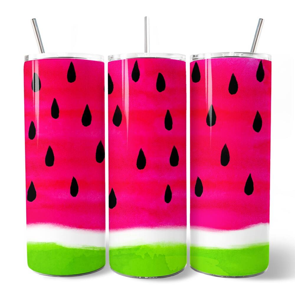 Front. OrnamentallyYou - Watermelon Slice Pattern 20oz Tumbler With Lid and Stainless Steel Straw, Fun Summer Fruit Gift Cup - Multicolored.